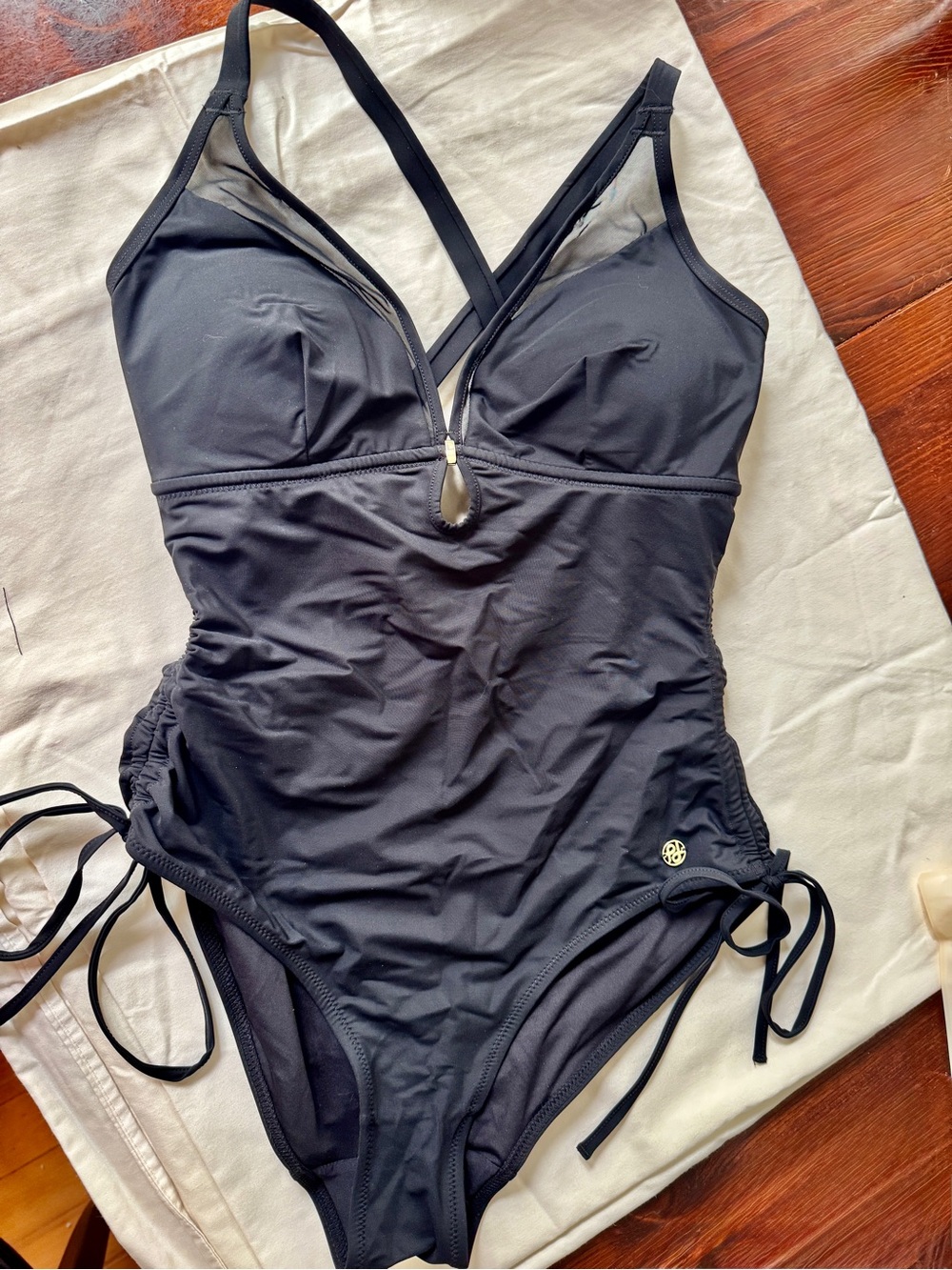 Popilush Shapewear-Swim Mesh Inset Tie-Side Sculpting Black One-Piece Swimsuit